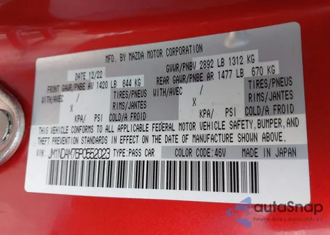 2023 Mazda Mx-5 Miata Rf Grand Touring z USA, uszkodzony, nr VIN JM1NDAM76P0552023